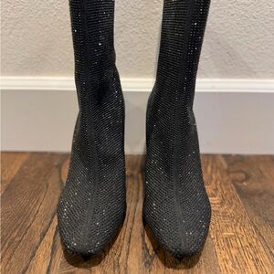 Black Rhinestone Heeled Sock Like Boots